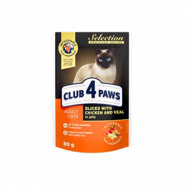 CLUB 4 PAWS Преміум Селекшн "Шматочки з куркою та телятиною в желе". Повнораціонний консервований корм для дорослих котів
